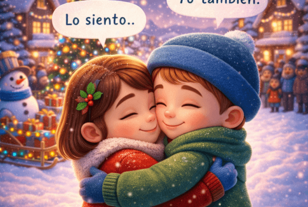 Ilustración 3D cartoon de un cuento navidad donde una niña y un niño se abrazan en una plaza nevada, pidiéndose perdón y celebrando la reconciliación y la amistad en un ambiente navideño.