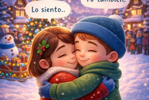 Ilustración 3D cartoon de un cuento navidad donde una niña y un niño se abrazan en una plaza nevada, pidiéndose perdón y celebrando la reconciliación y la amistad en un ambiente navideño.