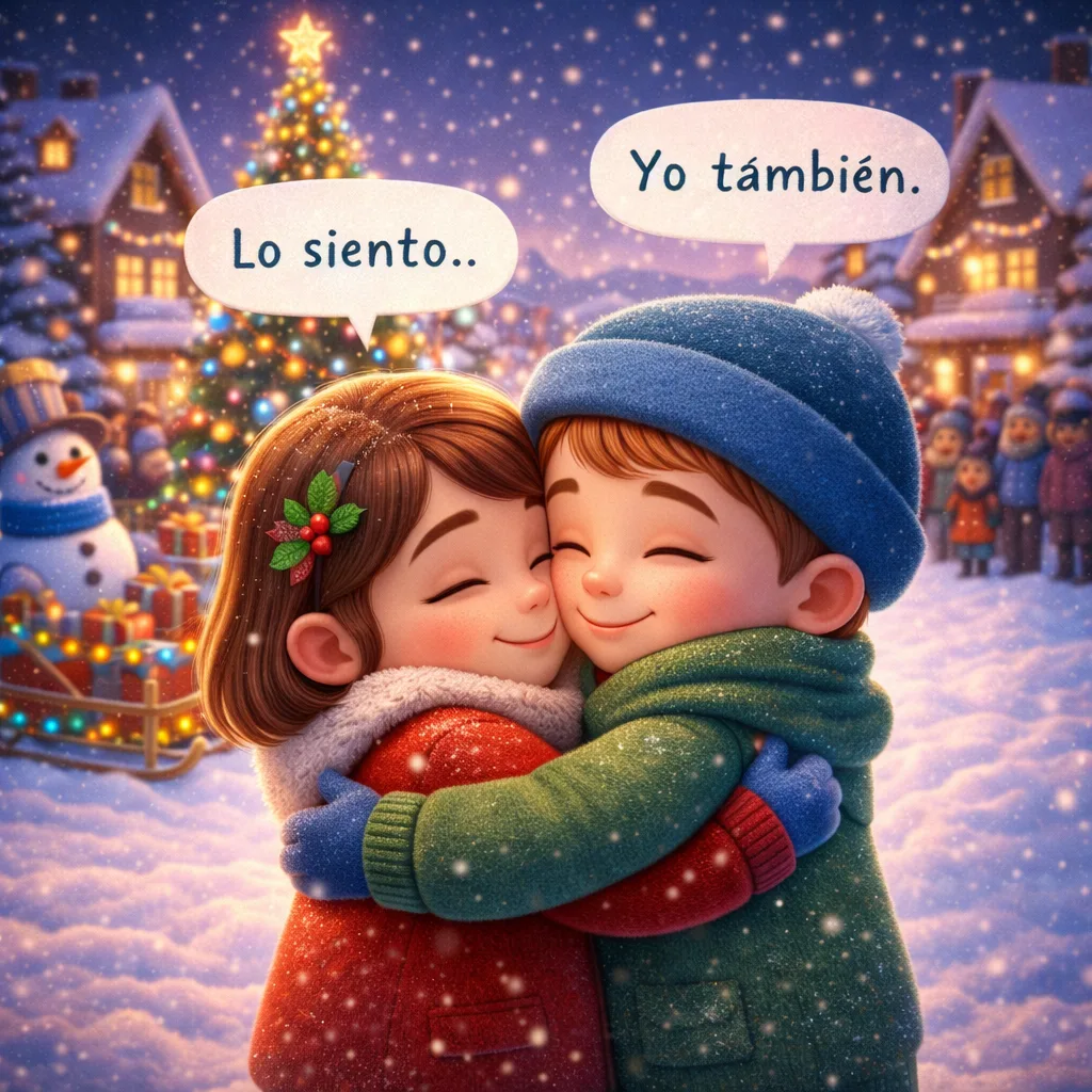 Ilustración 3D cartoon de un cuento navidad donde una niña y un niño se abrazan en una plaza nevada, pidiéndose perdón y celebrando la reconciliación y la amistad en un ambiente navideño.