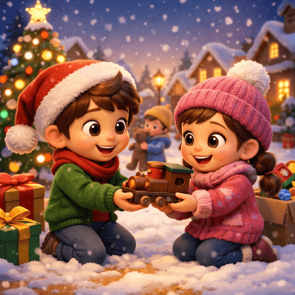 Ilustración estilo 3D cartoon de un niño compartiendo su juguete con otra niña en un pueblo nevado, transmitiendo valores de amistad y generosidad en un cuento navidad.