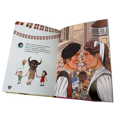 Página interior del cuento en euskera “Maialen eta Xanti”, una historia ilustrada para niños que buscan cuentos en euskera para leer.