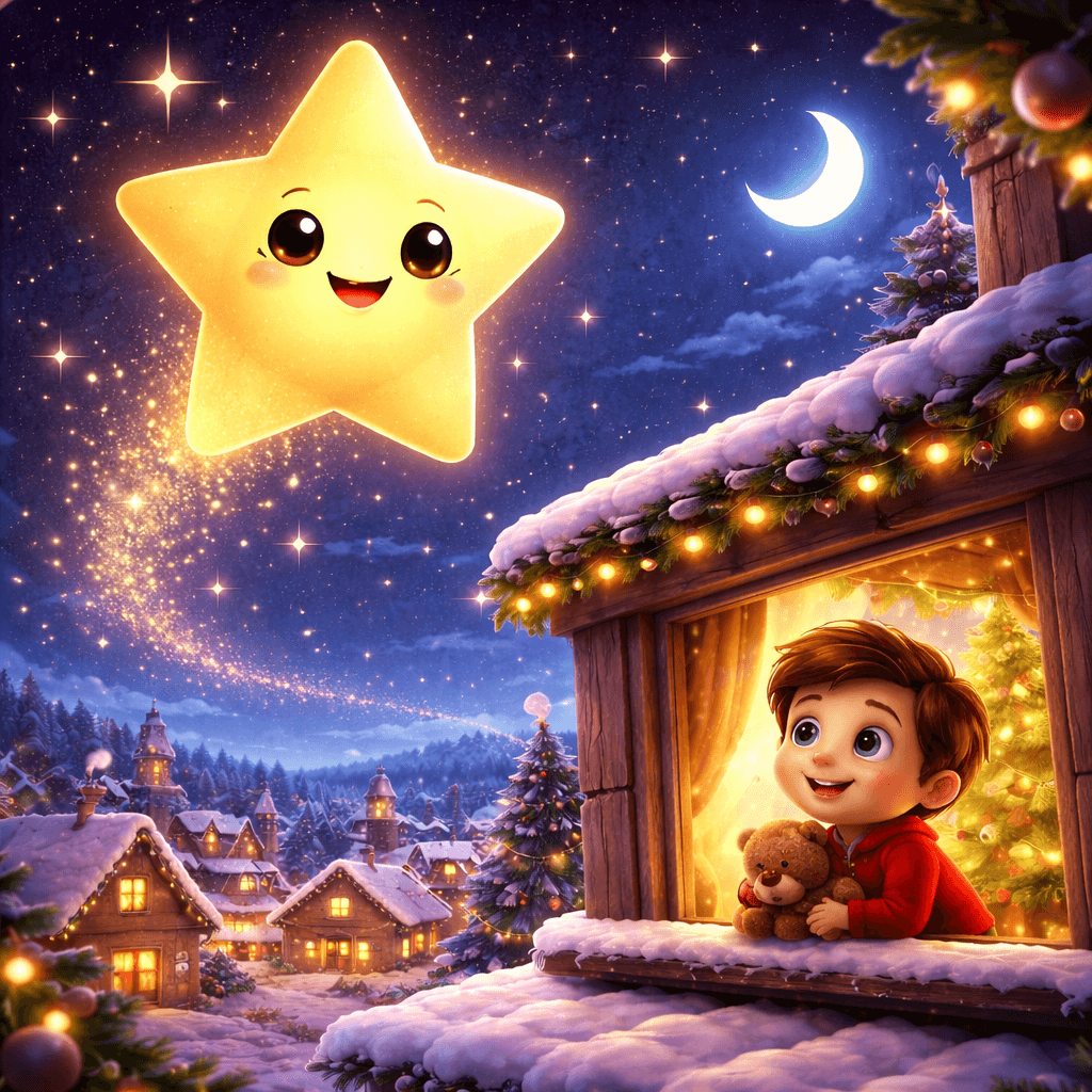 Ilustración 3D estilo cartoon de un cuento navidad donde una estrella sonriente brilla en el cielo y acompaña a un niño que la observa desde su ventana en Nochebuena.