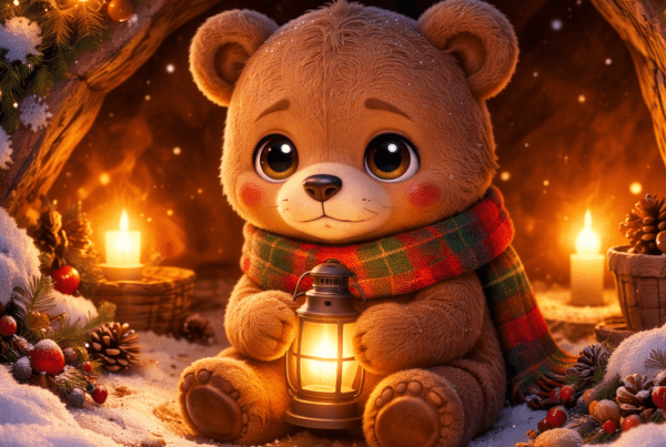 Ilustración estilo 3D cartoon de un osito sentado frente a su cueva en invierno, sosteniendo una linterna, transmitiendo calma y emoción en un cuento navidad sobre la Navidad y los sentimientos.