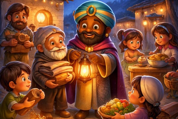 Ilustración 3D cartoon de Baltasar junto a un pequeño pueblo iluminando la noche con actos de bondad, inspirada en un cuento navidad infantil lleno de solidaridad.