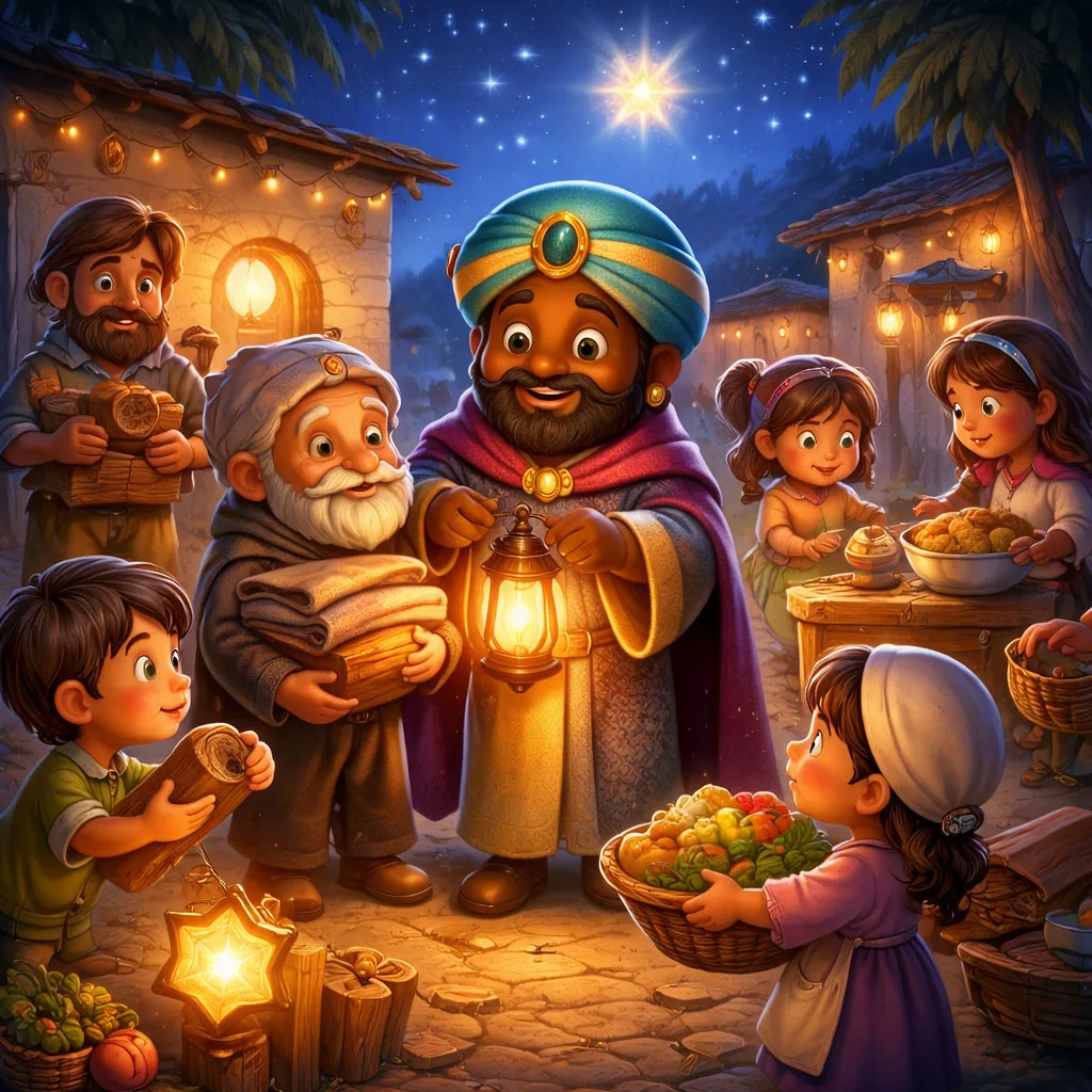 Ilustración 3D cartoon de Baltasar junto a un pequeño pueblo iluminando la noche con actos de bondad, inspirada en un cuento navidad infantil lleno de solidaridad.