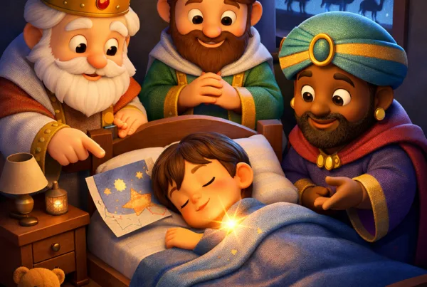 Ilustración 3D cartoon de los Reyes Magos visitando en silencio la habitación de un niño dormido, rodeado de una luz cálida y mágica que simboliza esperanza y compañía, inspirada en un cuento navidad infantil lleno de valores.