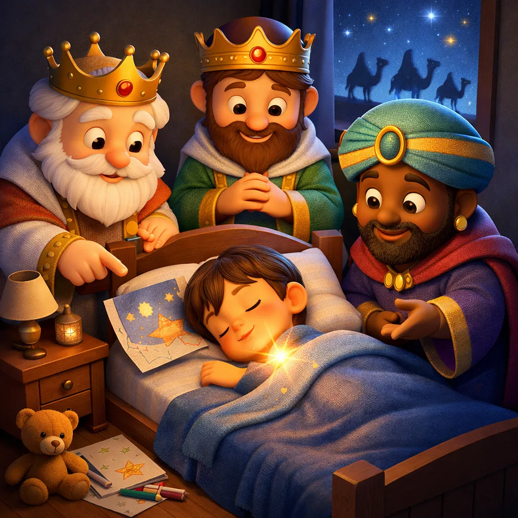 Ilustración 3D cartoon de los Reyes Magos visitando en silencio la habitación de un niño dormido, rodeado de una luz cálida y mágica que simboliza esperanza y compañía, inspirada en un cuento navidad infantil lleno de valores.