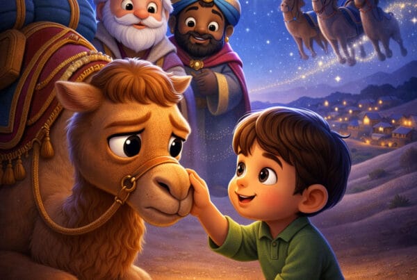 Ilustración 3D cartoon de un camello de los Reyes Magos superando su miedo a volar con la ayuda de un niño, inspirada en un cuento navidad infantil.