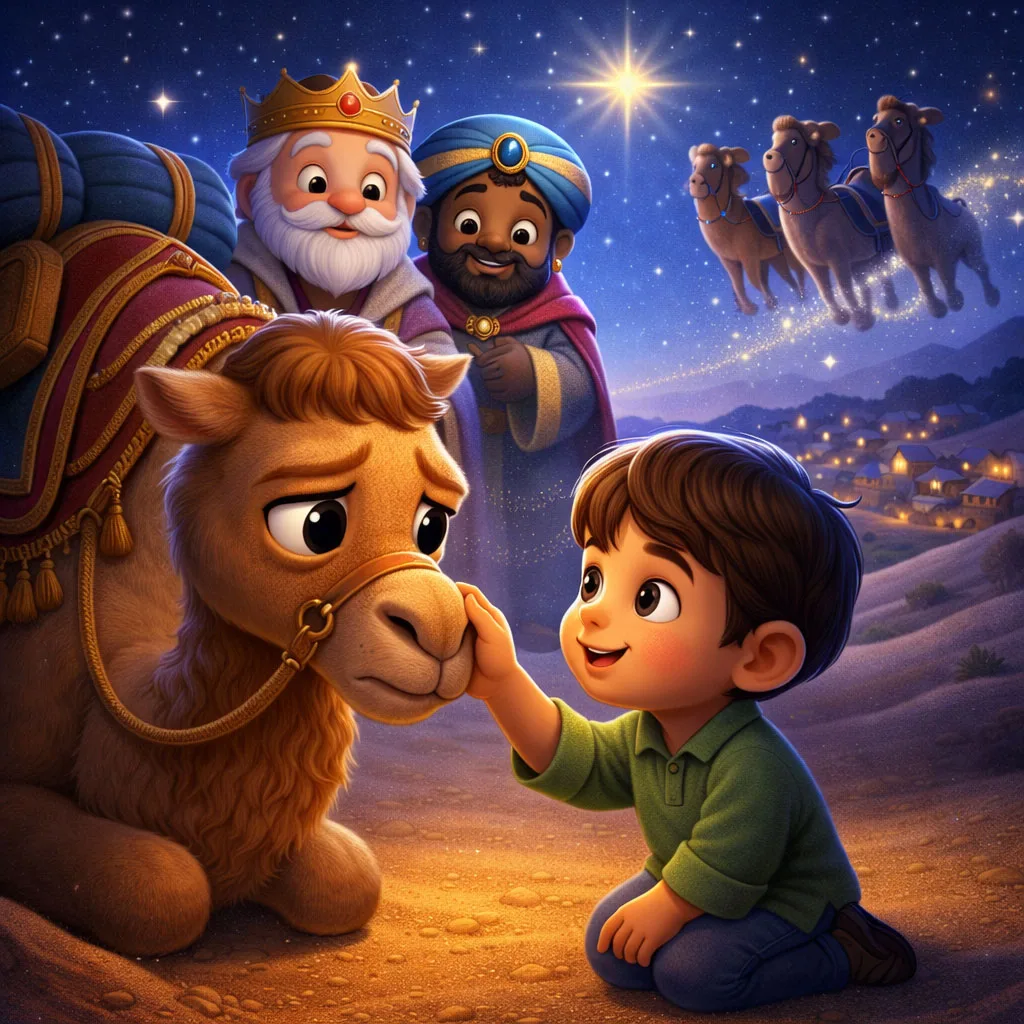 Ilustración 3D cartoon de un camello de los Reyes Magos superando su miedo a volar con la ayuda de un niño, inspirada en un cuento navidad infantil.