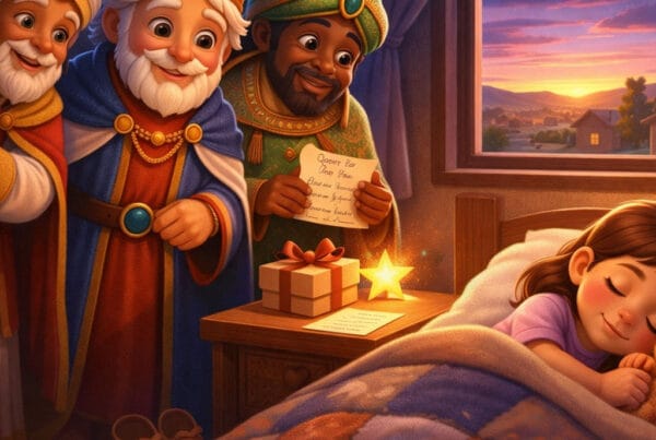 Ilustración 3D de los Reyes Magos visitando a una niña dormida al amanecer, escena tierna de cuento navidad llena de fe e ilusión.
