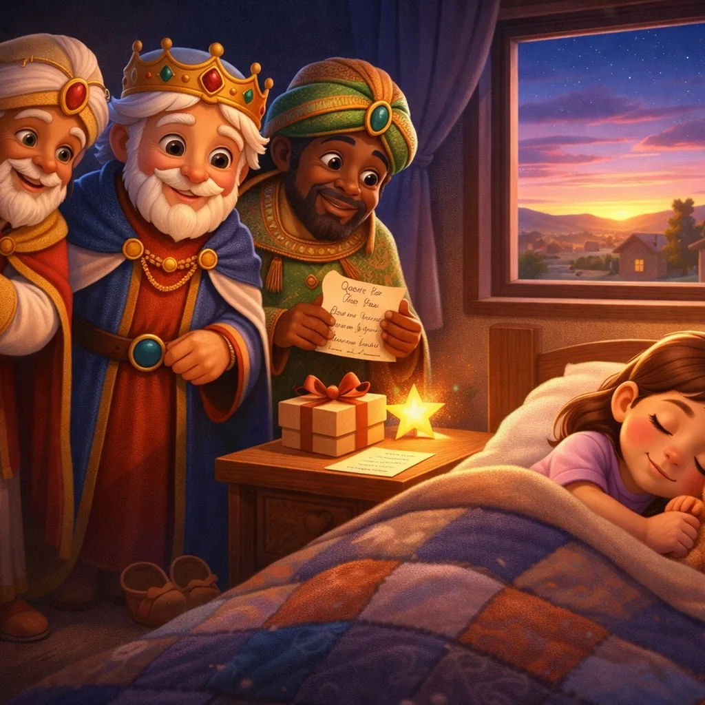 Ilustración 3D de los Reyes Magos visitando a una niña dormida al amanecer, escena tierna de cuento navidad llena de fe e ilusión.