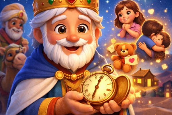 Ilustración 3D de Gaspar sosteniendo un reloj mágico bajo las estrellas, simbolizando los deseos infantiles en un cuento navidad lleno de magia.