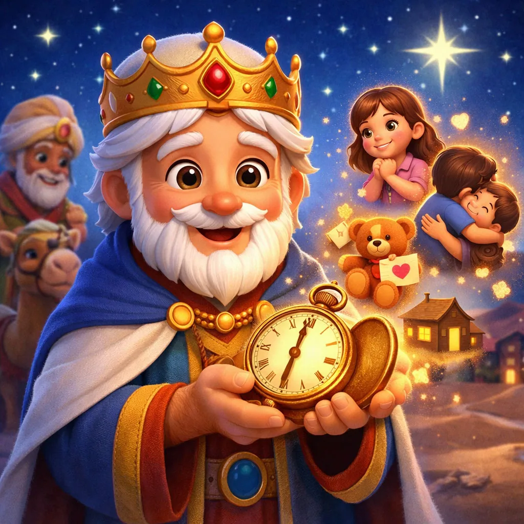 Ilustración 3D de Gaspar sosteniendo un reloj mágico bajo las estrellas, simbolizando los deseos infantiles en un cuento navidad lleno de magia.