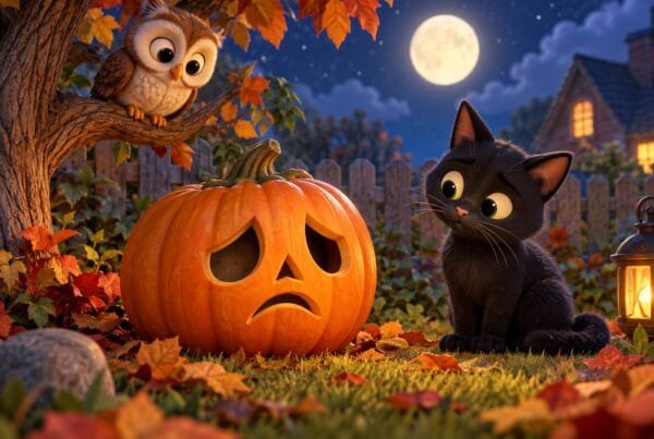 Calabaza de Halloween con la vela apagada acompañada de un búho y un gato en el jardín