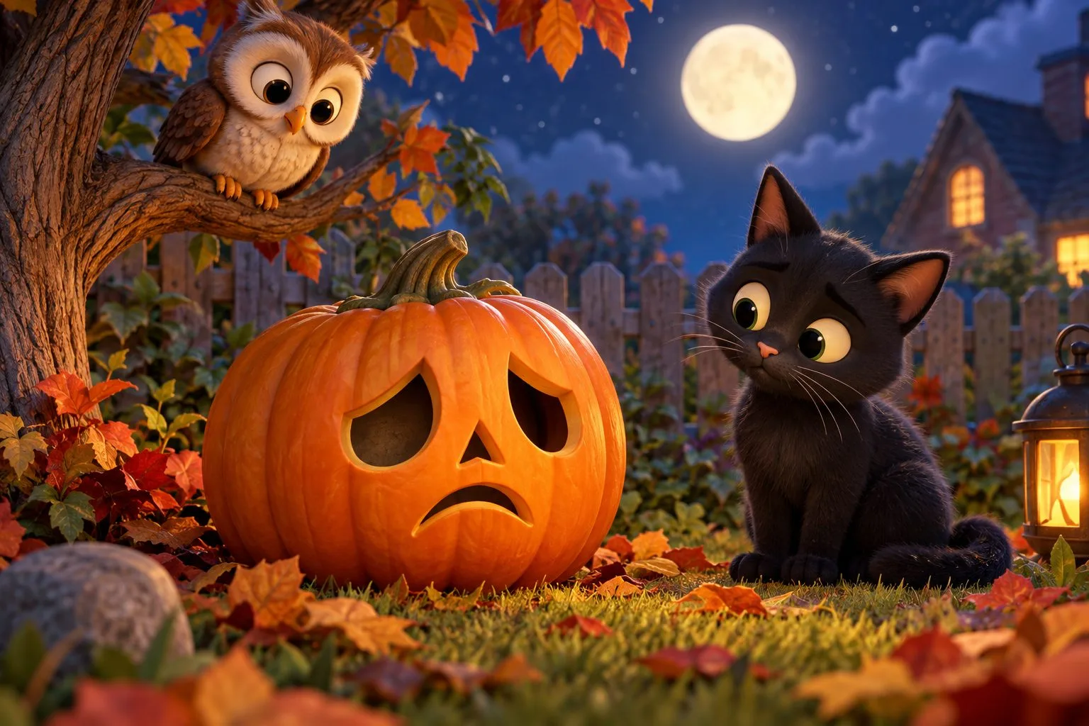 Calabaza de Halloween con la vela apagada acompañada de un búho y un gato en el jardín