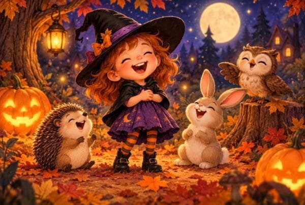 Brujita pequeña riéndose rodeada de animales del bosque en la noche de Halloween