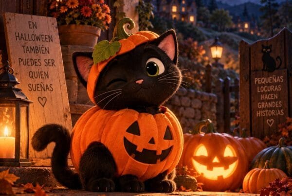 Gato negro disfrazado de calabaza junto a una calabaza de Halloween sonriente