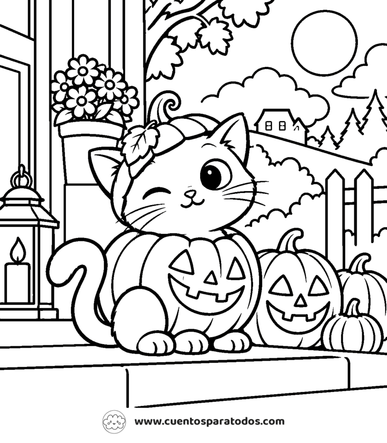 Dibujo para colorear del cuento Halloween para niños: el gato negro que quería ser calabaza