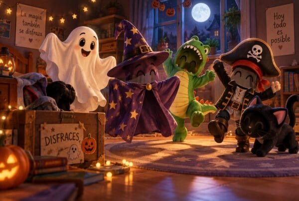 Disfraces de esqueleto y princesa cobrando vida en una tienda de disfraces en Halloween