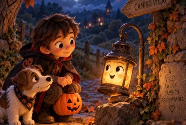 Tres niños mirando un farol encendido en un camino de campo la noche de Halloween