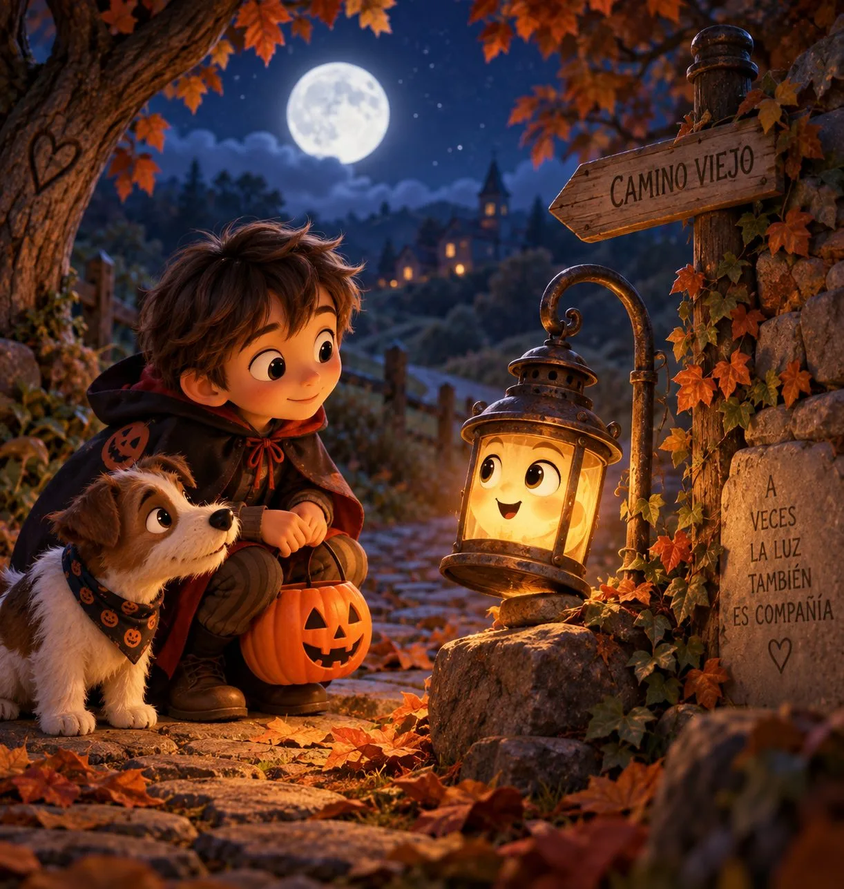 Tres niños mirando un farol encendido en un camino de campo la noche de Halloween