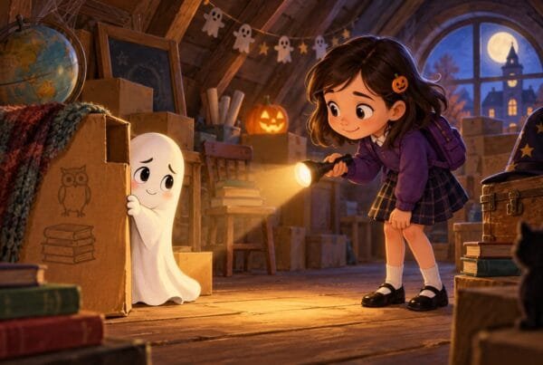 Fantasma tímido escondido en un desván mientras una niña lo encuentra con una linterna